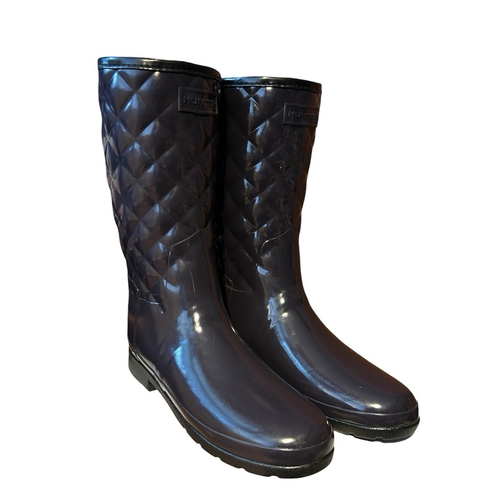 HUNTER Aubergine Refined Gloss Quilt Short Rain Boot sz 9 Gold Buckle Outdoor